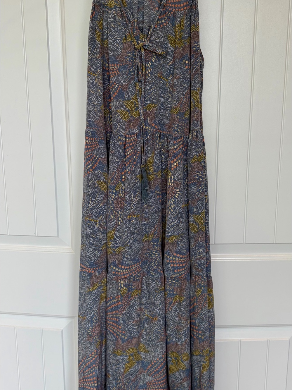 Floral Print Maxi Dress in Blue and Olive with subtle gold highlights- beautiful